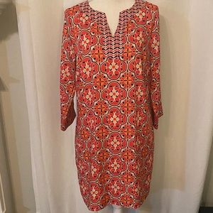 Crown and Ivy 3/4 Sleeve Dress. Orange, black and red geometrical pattern
